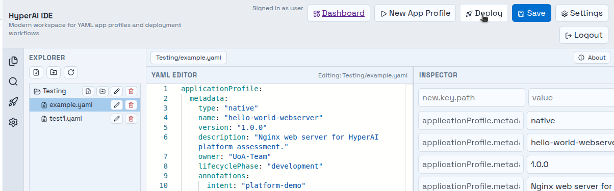 IDE header with the Deploy button highlighted