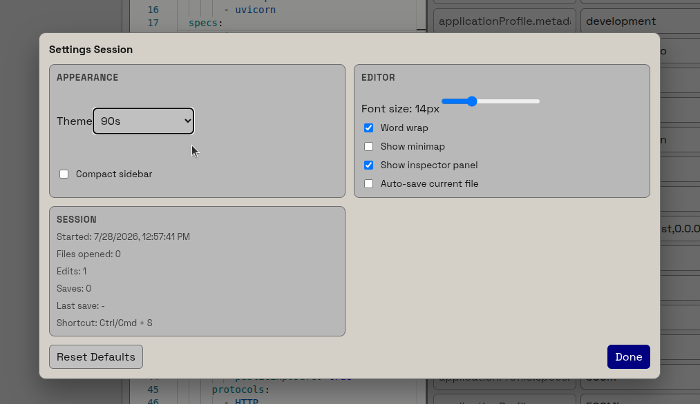 Settings dialog with appearance, editor and session options