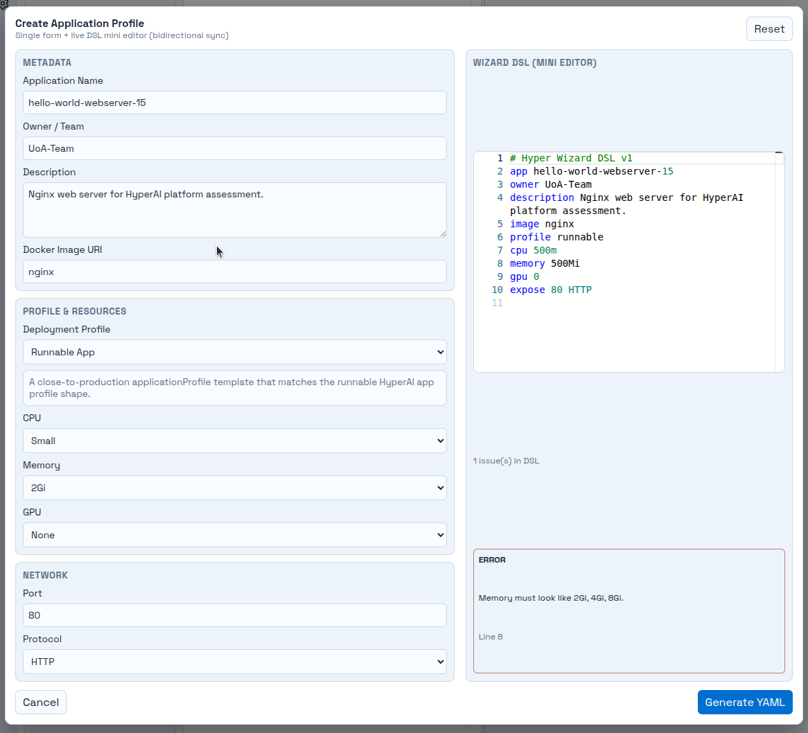 Create Application Profile dialog with the form, the Wizard DSL mini editor, and a live validation error