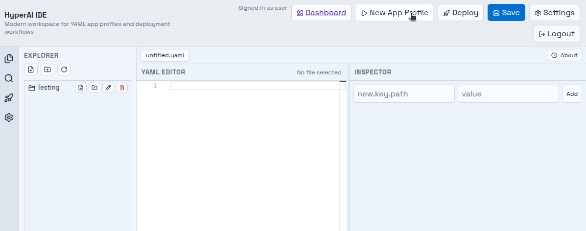 IDE top bar with the New App Profile button highlighted